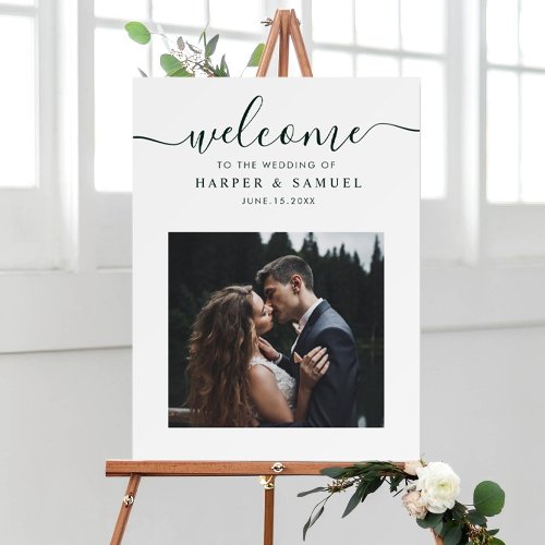Chic Green Script Photo Wedding Welcome Sign