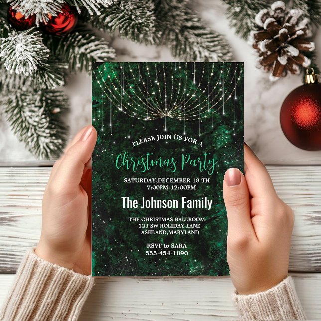 Chic green silver faux glitter Christmas lights Invitation (Creator Uploaded)