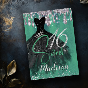 Chic green silver glitter drips sweet 16 invitatio invitation