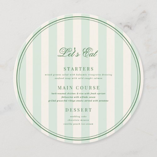 Chic Green Stripes Elegant Ivory Custom Guest Name Menu