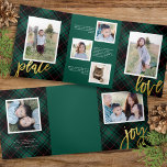 Chic Green Tartan Calligraphy Holiday Photo Card<br><div class="desc">This beautiful tri-fold design features a lovely dark green tartan pattern background and faux gold foil calligraphy. The greeting on the front cover says simply "joy" and continues inside with "peace" and "love". As you open the first panel you see a single square photo with your main holiday text. As...</div>