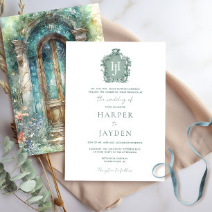 Chic Green, Teal, Blue Watercolor Monogram Wedding Invitation