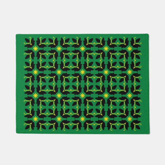 Chic Green Tile Flowers Pattern Small Door Mat (Front)