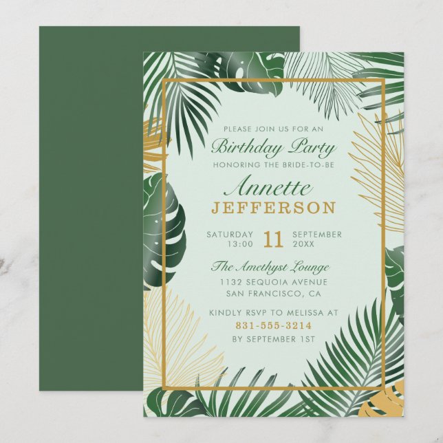 Chic Green Tropical Leaves Trendy Birthday Party Invitation (Front/Back)