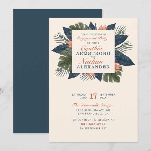 Chic Green Tropical Leaves Unique Engagement Party Invitation (Front/Back)