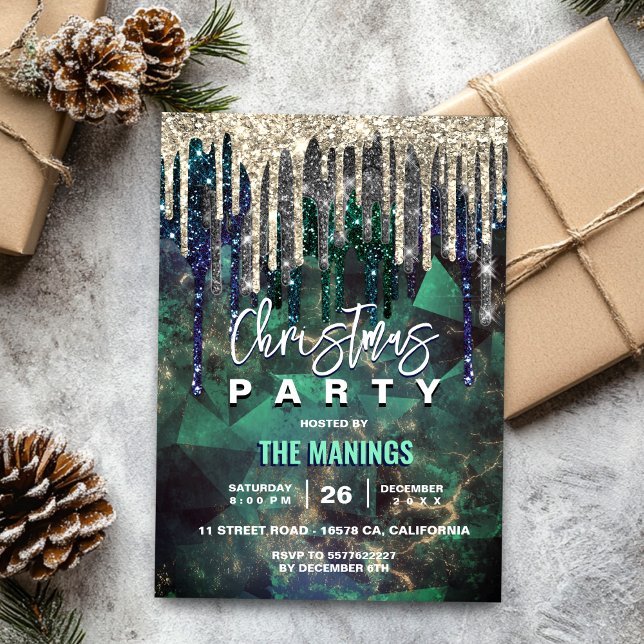 Chic green turquoise gold glitter drips Christmas  Invitation (Creator Uploaded)