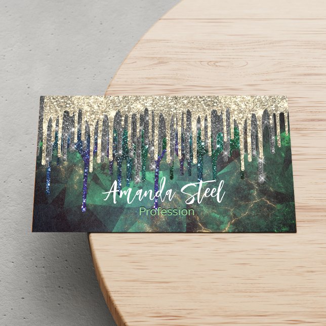 Chic green turquoise gold glitter drips monogram business card magnet (Creator Uploaded)