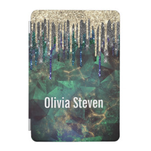 Chic green turquoise gold glitter drips monogram iPad mini cover