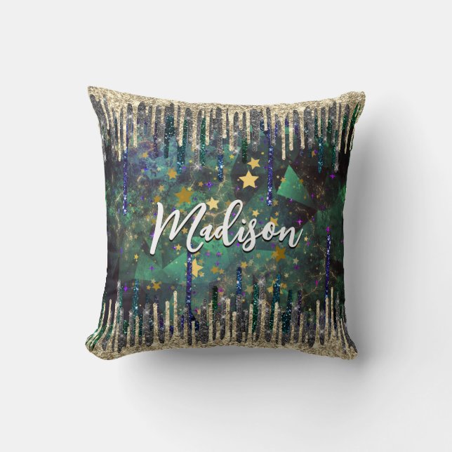 Chic green turquoise gold glitter drips monogram throw pillow (Front)