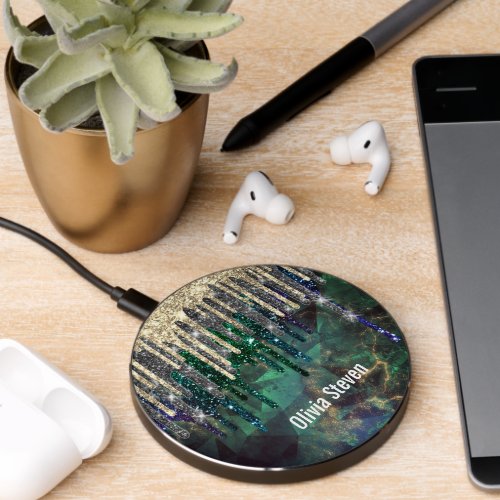 Chic green turquoise gold glitter drips monogram wireless charger 