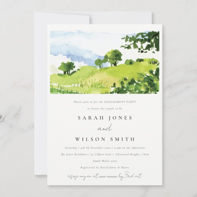 Chic Green Watercolor Countryside Hills Engagement Invitation (Front)