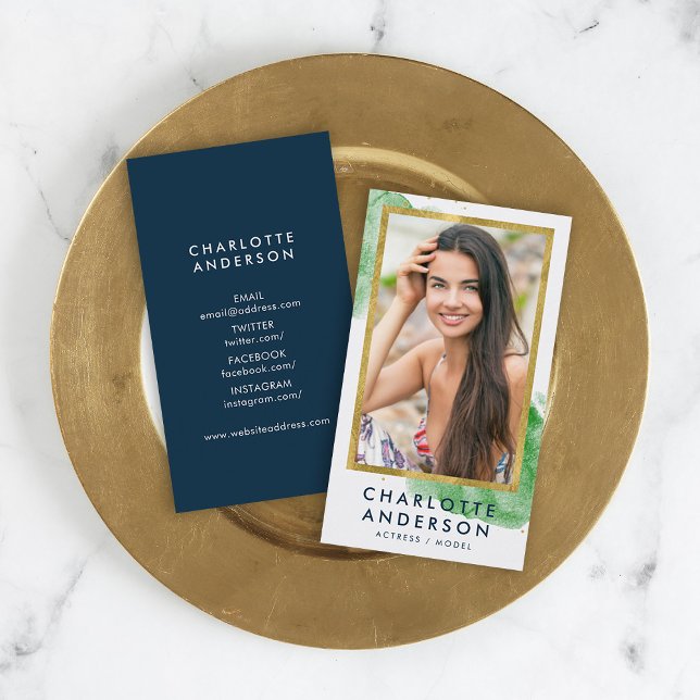 Chic Green Watercolor Faux Gold Headshot Photo Business Card (Creator Uploaded)