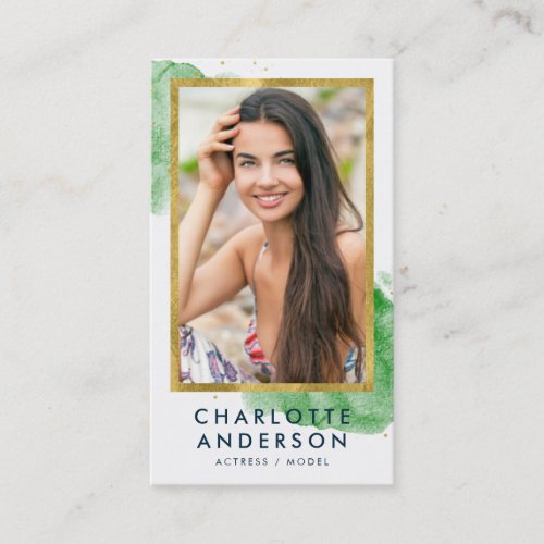Chic Green Watercolor Faux Gold Headshot Photo Business Card