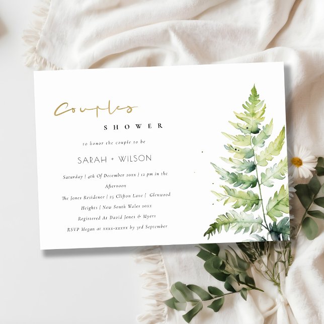 Chic Green Watercolor Fern Foliage Couples Shower Invitation (Creator Uploaded)