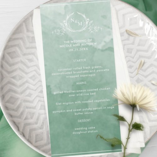 Chic Green Watercolor Monogram Wedding Menu