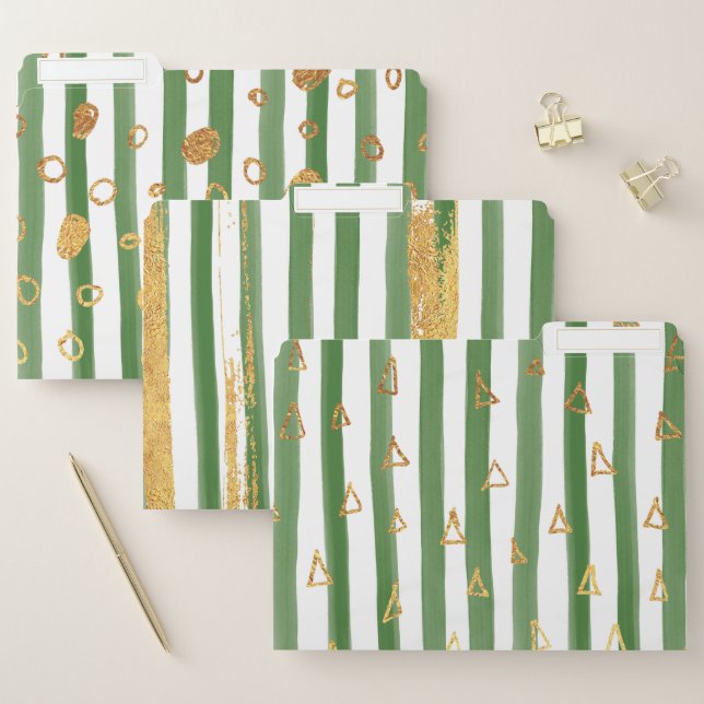 Chic Green Watercolor Paint Stripes Gold Shapes File Folder (Set)