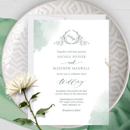 Chic Green Watercolor Stains Monogram Wedding Invitation