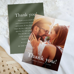 Chic Green Wedding Photo with Thank You Message  Card