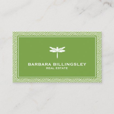 Chic Green/white Dragonfly Realtor, Designer Business Card