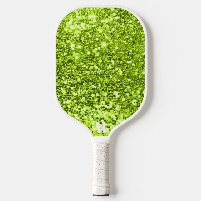 Chic Green White Glittery Sparkles Modern Monogram Pickleball Paddle (Front)
