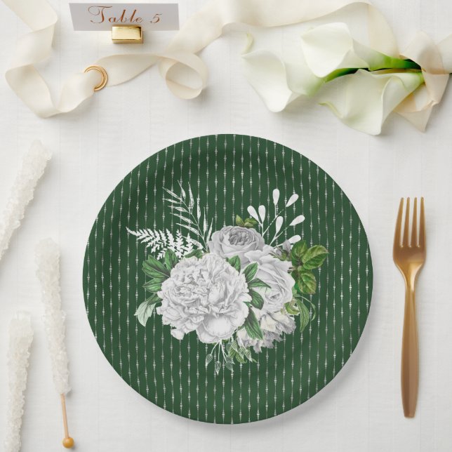 Chic Green White Roses Floral Paper Plates (Wedding)
