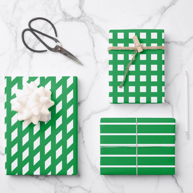 Chic green white stripes plaid grid pattern modern wrapping paper sheets (Front)