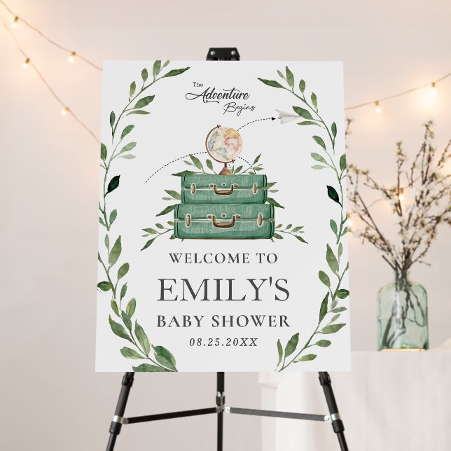 Chic Greenery Adventure Begins Baby Shower Welcome Foam Board (In Situ (Stand))