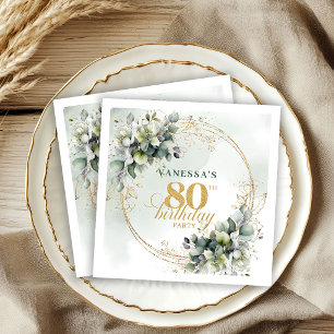 Chic Greenery and Gold Botanical 80th Birthday Napkins