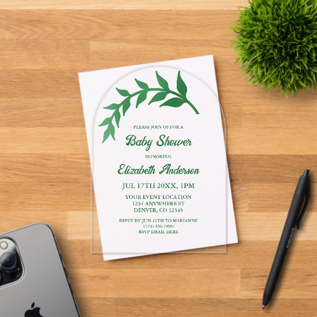 Chic Greenery Baby Shower Acrylic Invitations (Insitu (Invitation Card))