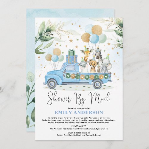 Chic Greenery Blue Gold Safari Baby Shower By Mail Invitation