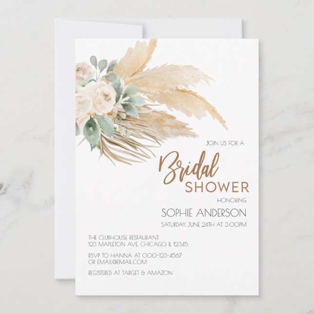 Chic Greenery Boho Pampas Grass Bridal Shower Invitation (Front)