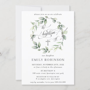 Chic Greenery Botanical Wreath Silver Baptism Invitation
