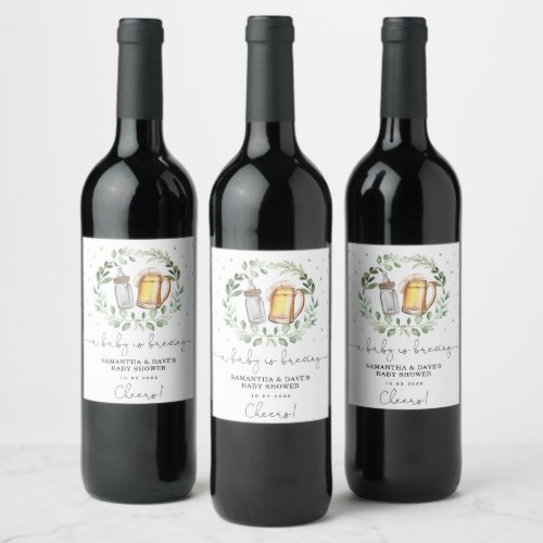 Chic Greenery Cheers Baby is Brewing Shower Favors Wine Label