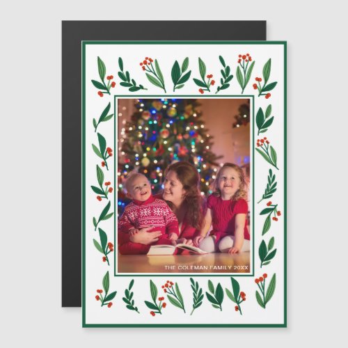 Chic Greenery Christmas Family Photo Magnet Card