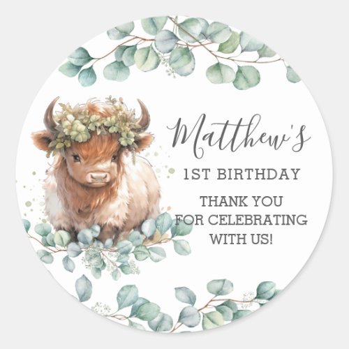 Chic Greenery Cute Highland Cow Thank You Favor Classic Round Sticker