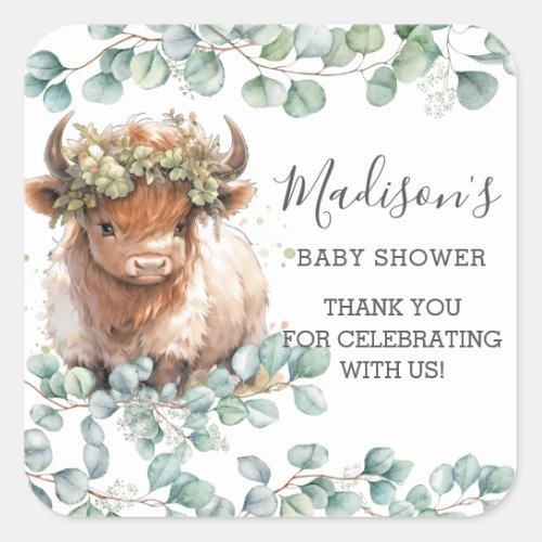 Chic Greenery Cute Highland Cow Thank You Favor Square Sticker
