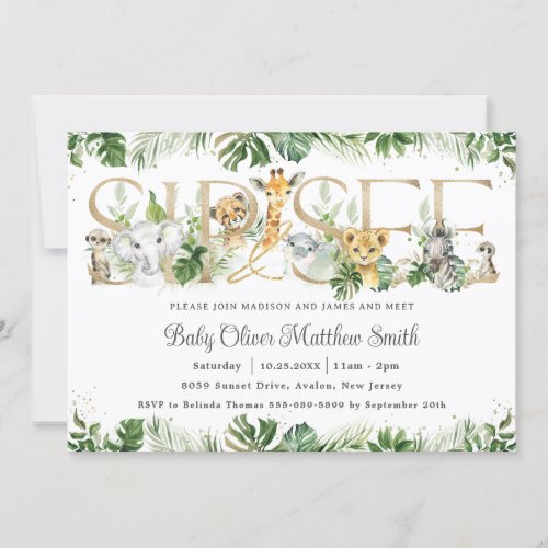Chic Greenery Cute Jungle Animals Baby Sip and See Invitation
