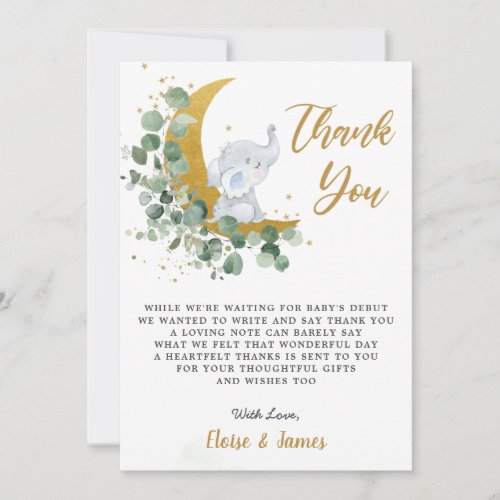Chic Greenery Elephant Over the Moon Baby Shower Thank You Card