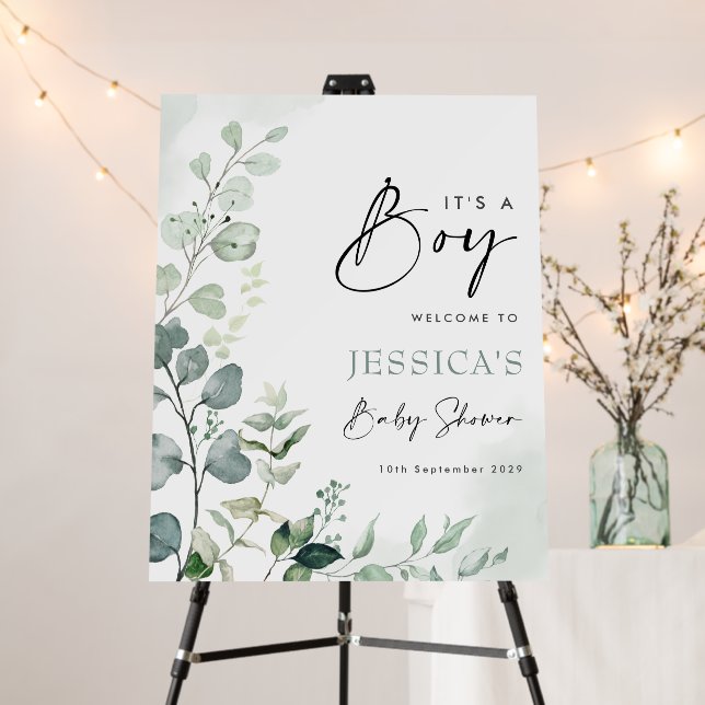 Chic Greenery Eucalyptus Boy Baby Shower Welcome Foam Board (In Situ (Stand))