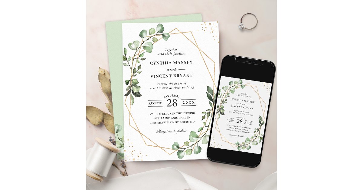 Chic Greenery Eucalyptus Geometric Frame Wedding Invitation | Zazzle