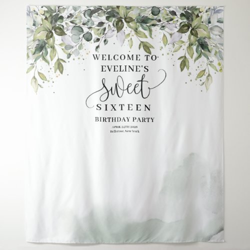 Chic greenery foliage eucalyptus 16th birthday tapestry