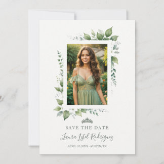 Chic Greenery Foliage Tiara Quinces Photo TMF26 Save The Date