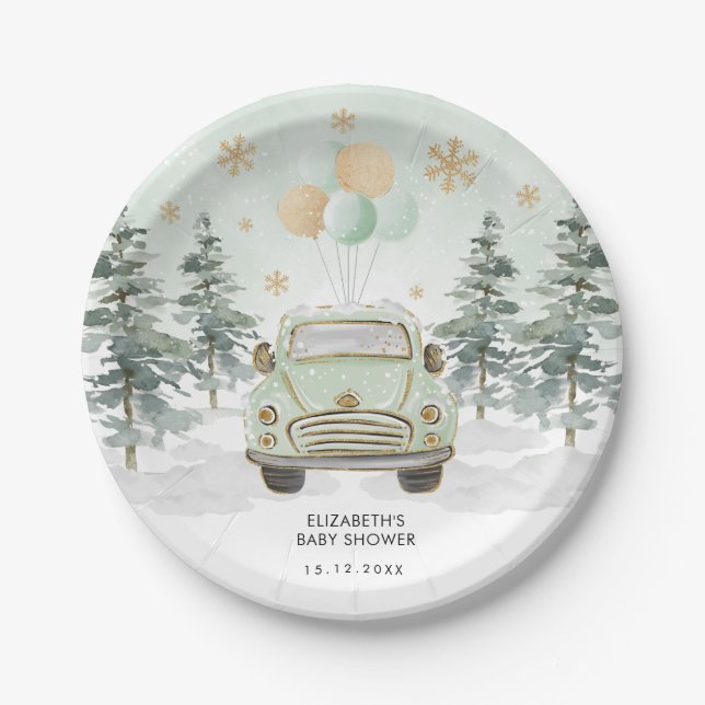 Chic Greenery Gold Drive By Baby Shower Parade Paper Plates (Front)