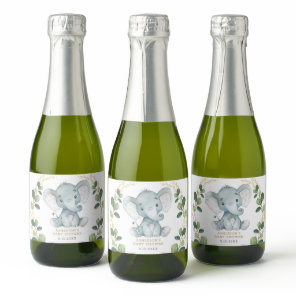 Chic Greenery Gold Elephant Baby Shower Birthday Sparkling Wine Label