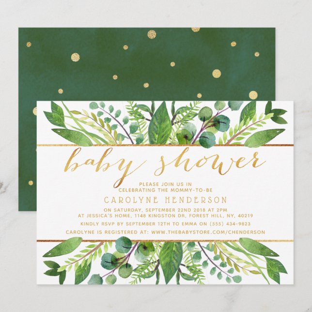 Chic Greenery & Gold Foil Neutral Baby Shower Invitation (Front/Back)