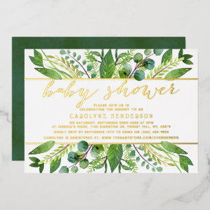 Chic Greenery & Gold Foil Neutral Baby Shower Real Foil Invitation