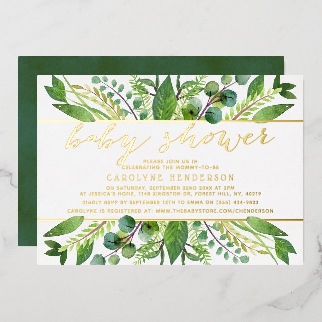 Chic Greenery & Gold Foil Neutral Baby Shower Real Invitation (Front/Back)