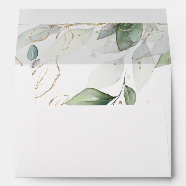 Chic Greenery Gold Leafy Foliage Wedding Envelope (Back (Bottom))