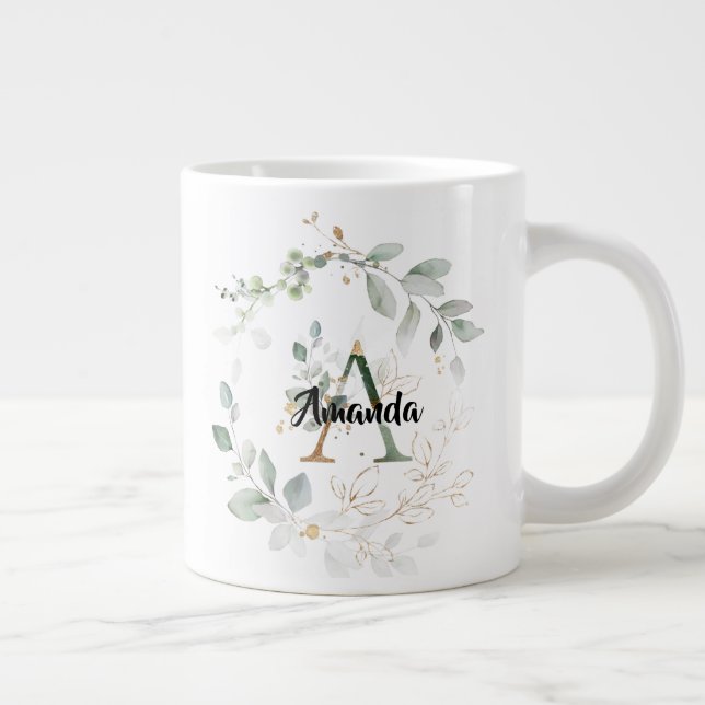 Chic Greenery & Gold Monogram Initial "A" w/name Giant Coffee Mug (Right)
