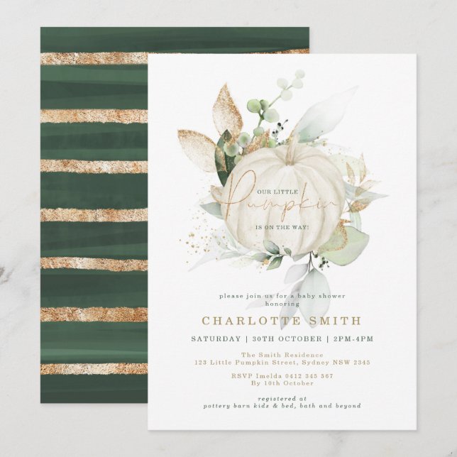 Chic Greenery Gold Pumpkin Autumn Fall Baby Shower Invitation (Front/Back)